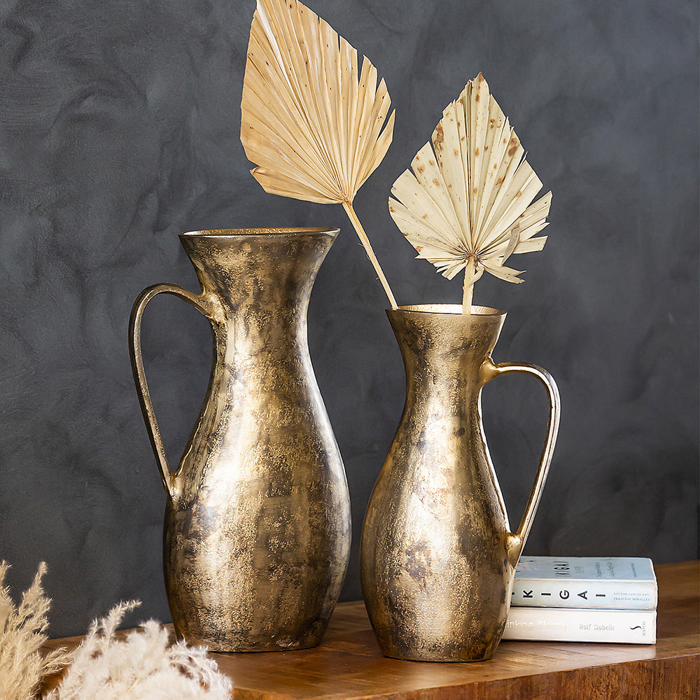 Bufamela Antique Gold Metal Jug Table Vase - Set of 2