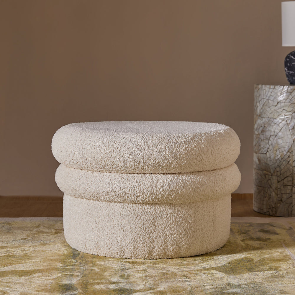 Mist Boucle Plywood Pouf - White