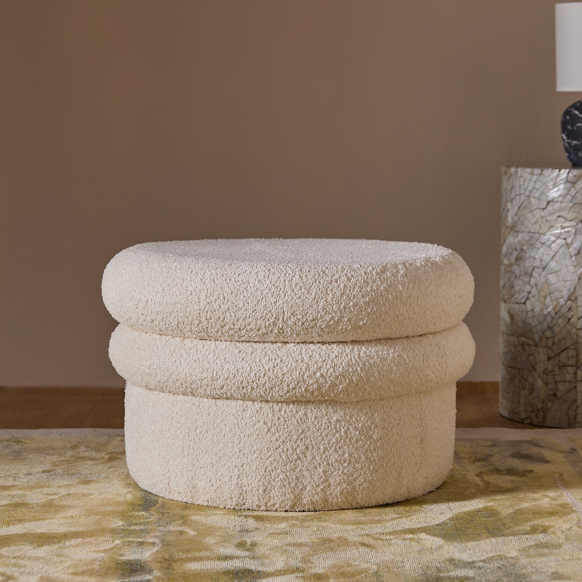 Mist Boucle Plywood Pouf - White