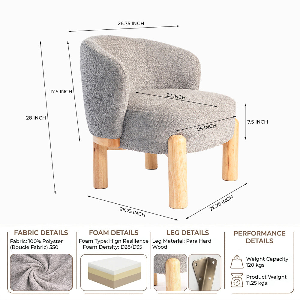 Velour Crest Chenille Wooden Armchair - Grey