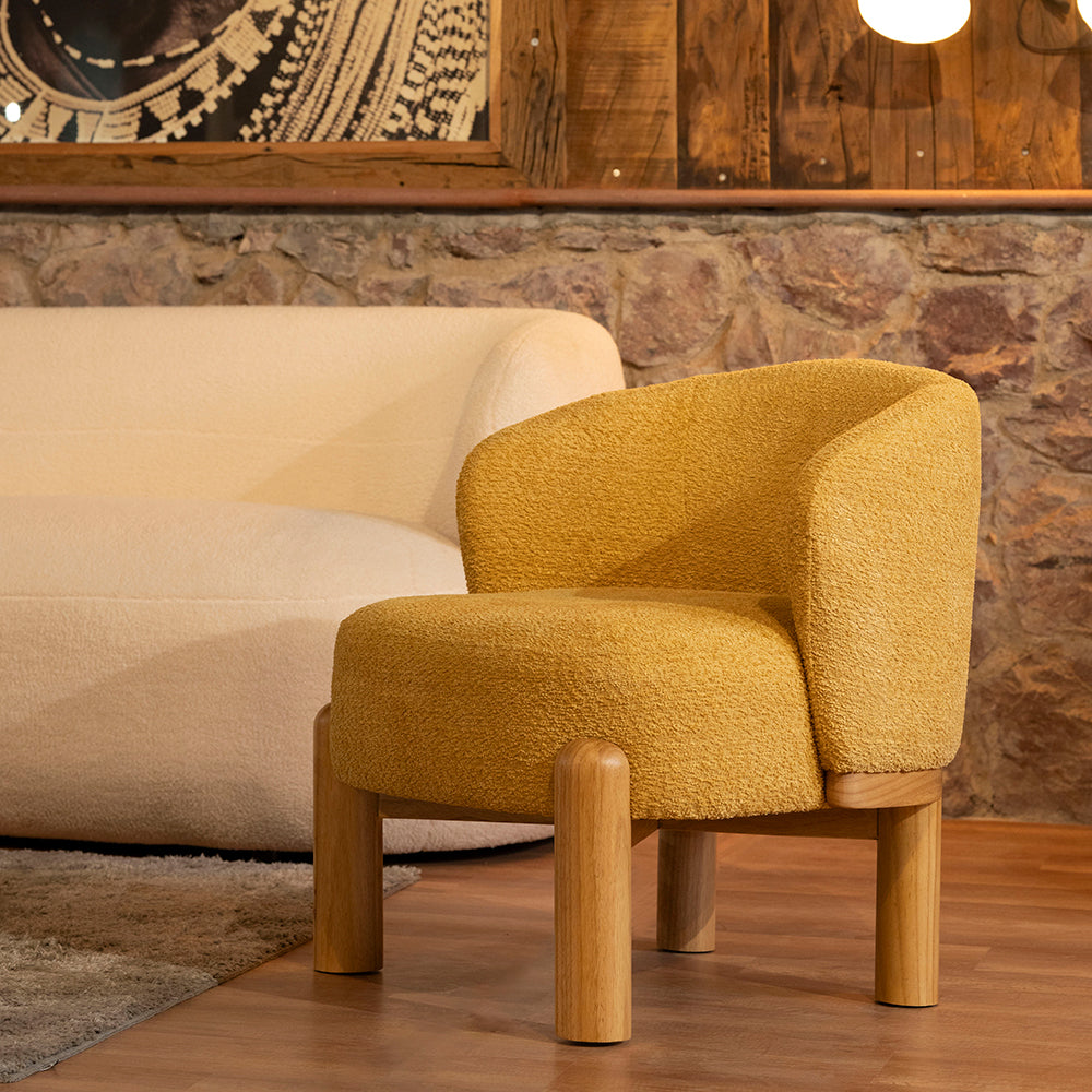 Velour Crest Chenille Wooden Armchair - Yellow