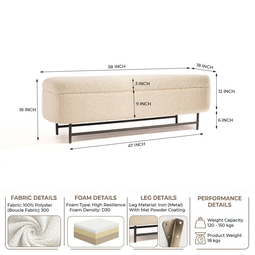 Sequoia Polyester Storage Bench with Steel Legs - Ivory