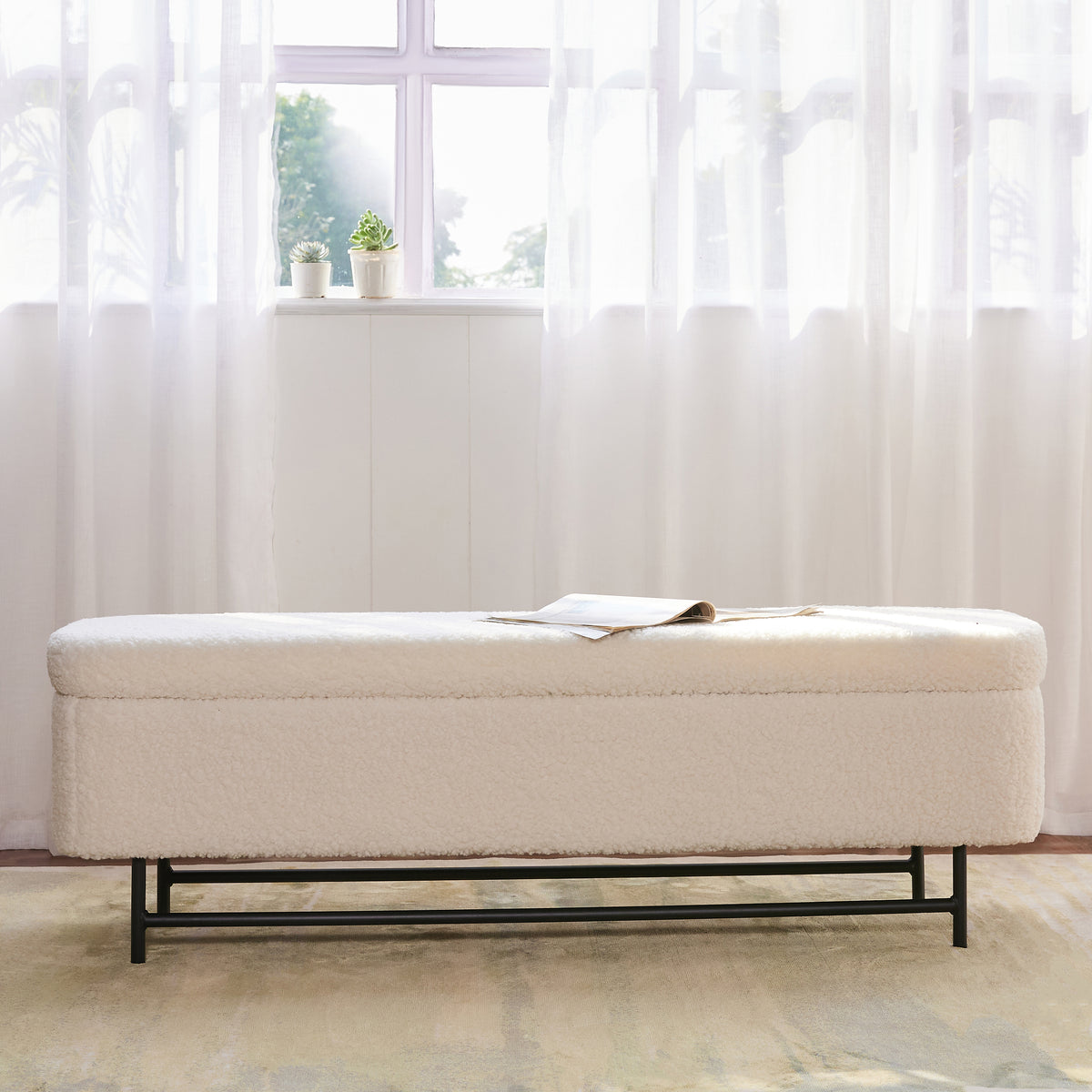 Sequoia Polyester Storage Bench with Steel Legs - Ivory