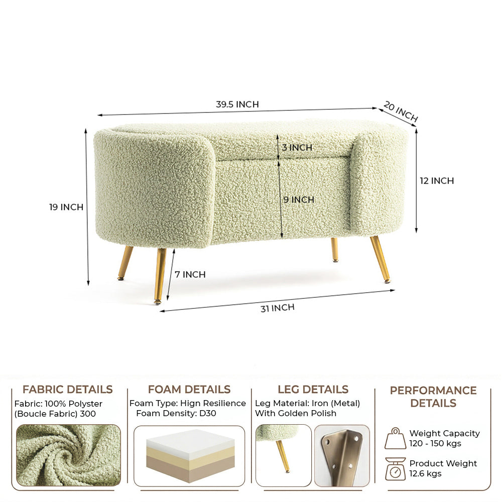 Alabaster Polyester Storage Bench With Steel Legs - Emerald Green