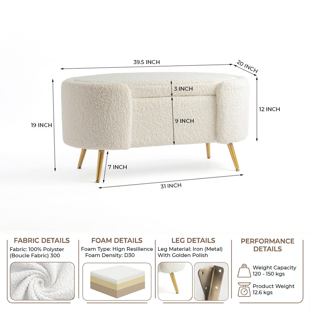 Alabaster Polyester Storage Bench With Steel Legs - Ivory
