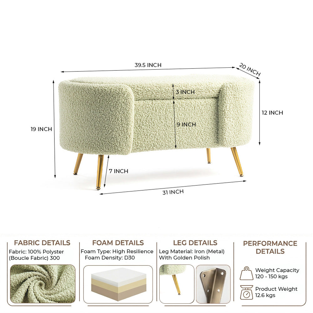 Alabaster Polyester Storage Bench With Steel Legs - Emerald Green