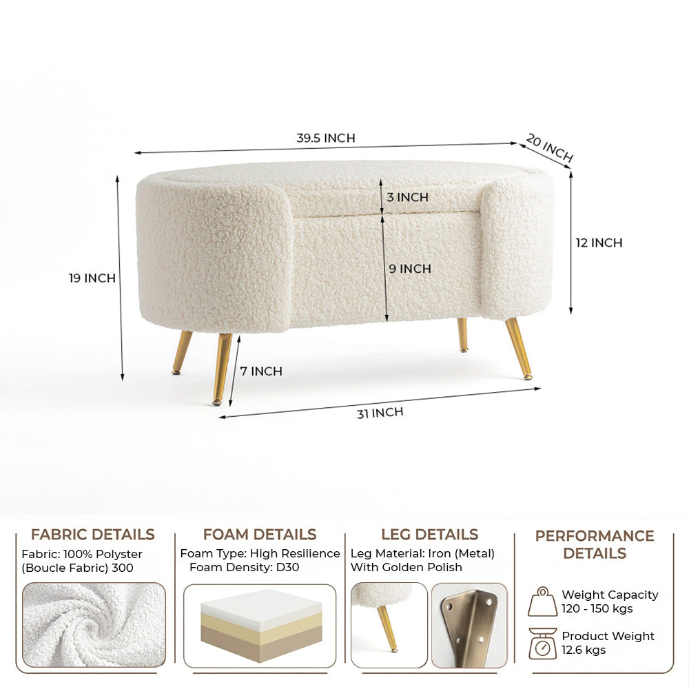 Alabaster Polyester Storage Bench With Steel Legs - Ivory