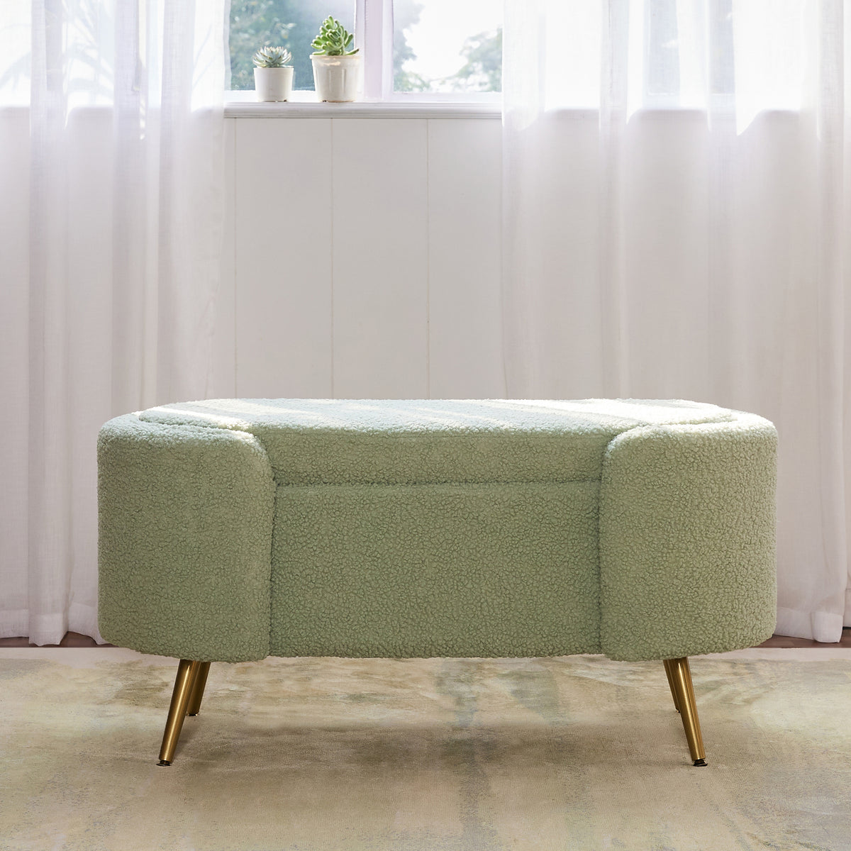 Alabaster Polyester Storage Bench With Steel Legs - Emerald Green