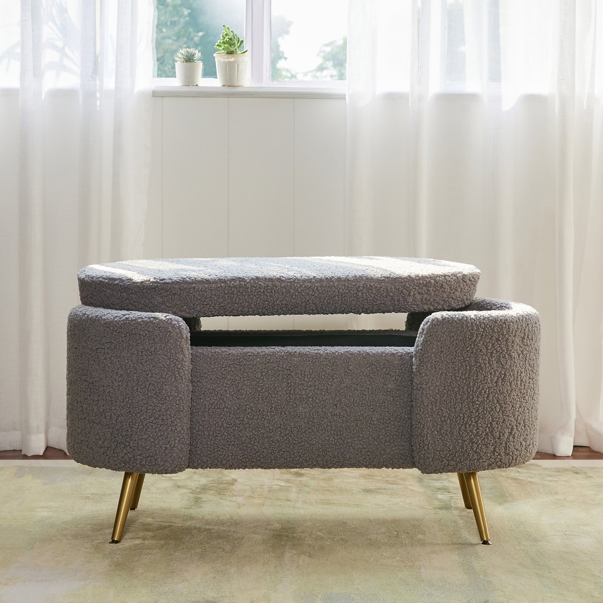 Alabaster Polyester Storage Bench With Steel Legs