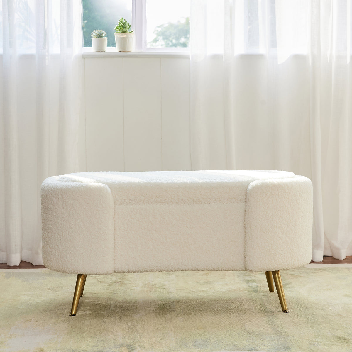 Alabaster Polyester Storage Bench With Steel Legs - Ivory