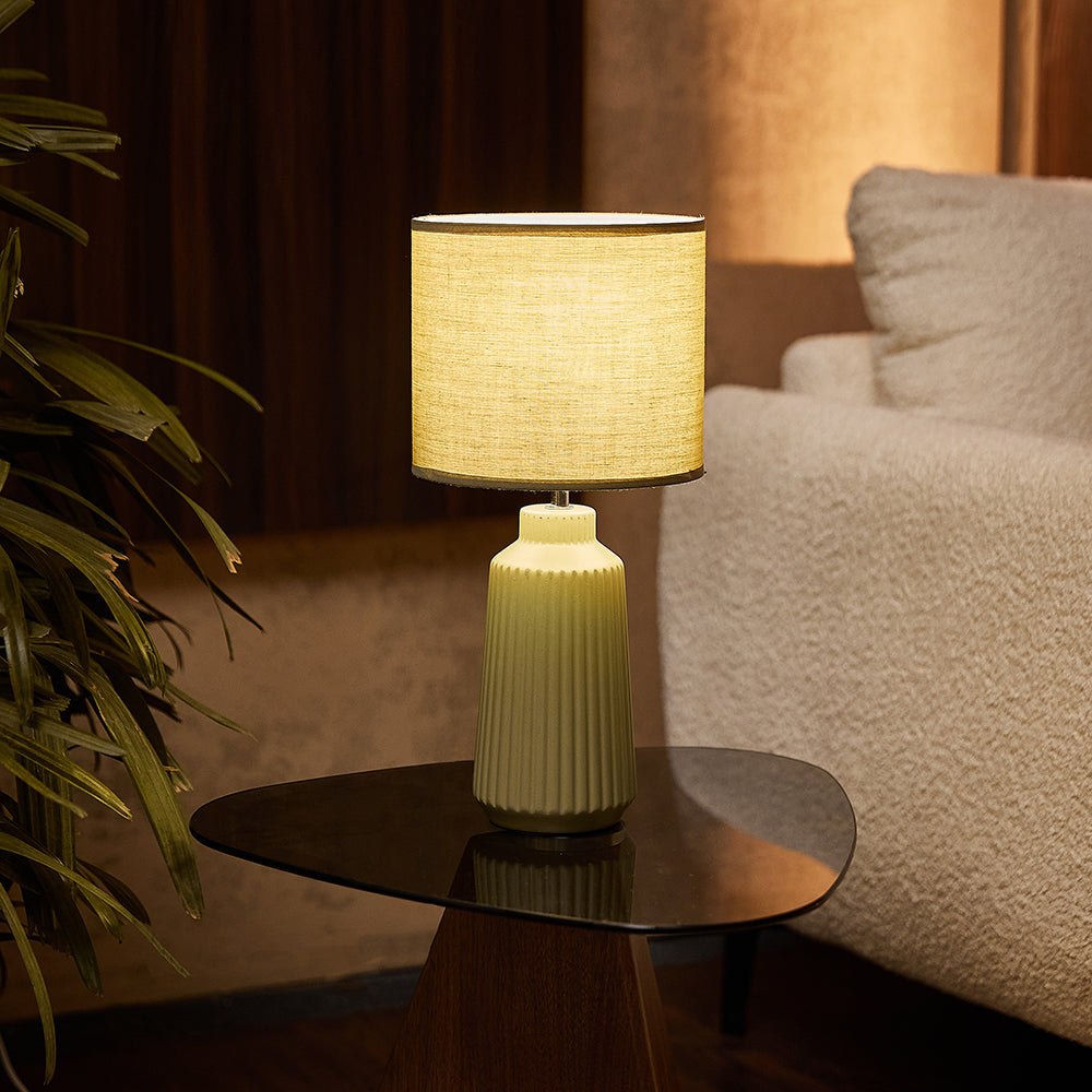Obsedian Silk Ceramic Fabric Shade Table Lamp - Shallot Green