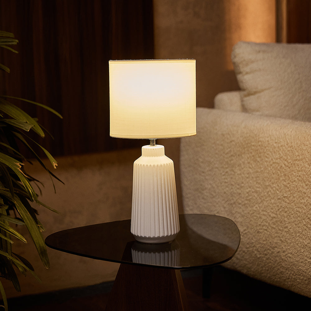 Obsedian Silk Ceramic Fabric Shade Table Lamp - White