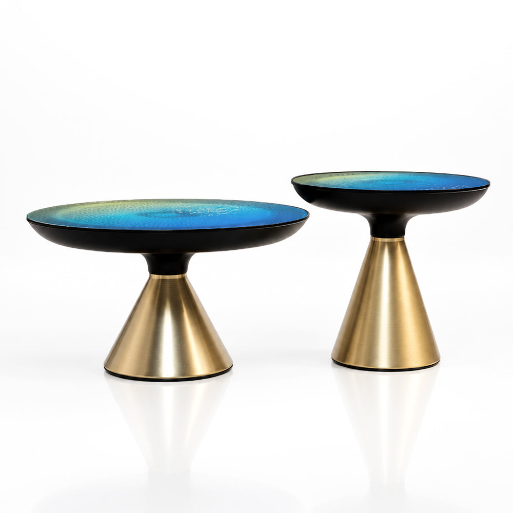 Ava Long Round Teal Blue Glass Top Coffee Table Set of 2