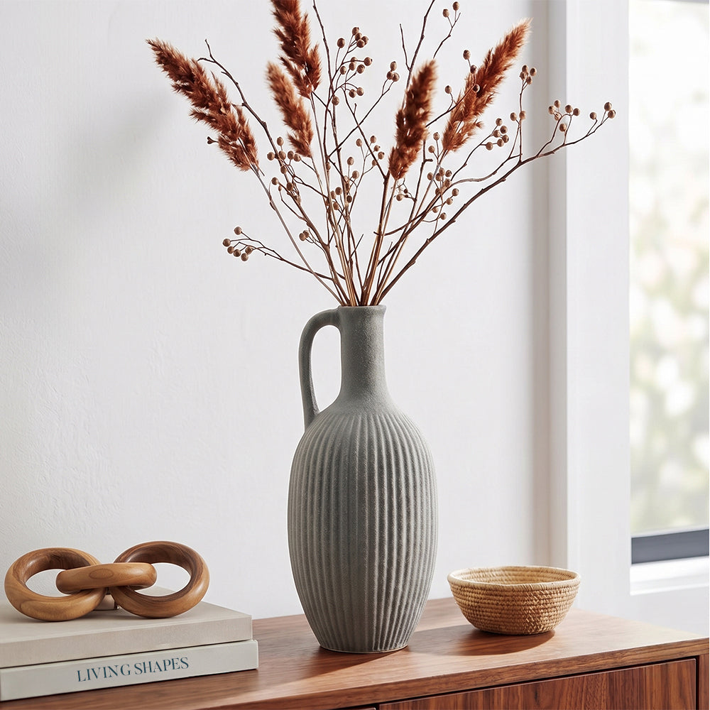 Ash Stone Grey Ribbed Ceramic Jug Table Vase