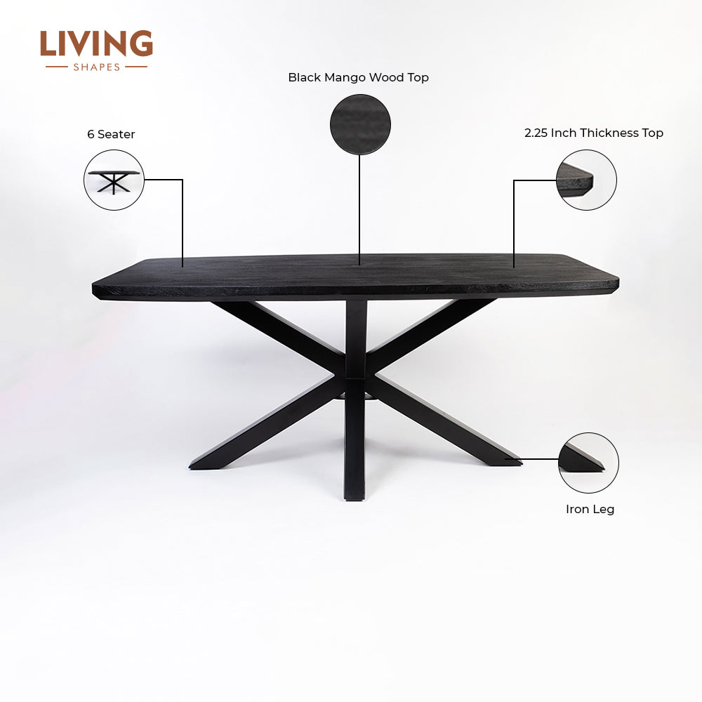 Crispio Wooden 6 Seater Dining Table with Iron - Black