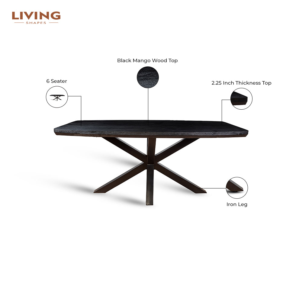 Crispio Wooden 6 Seater Dining Table with Iron - Black
