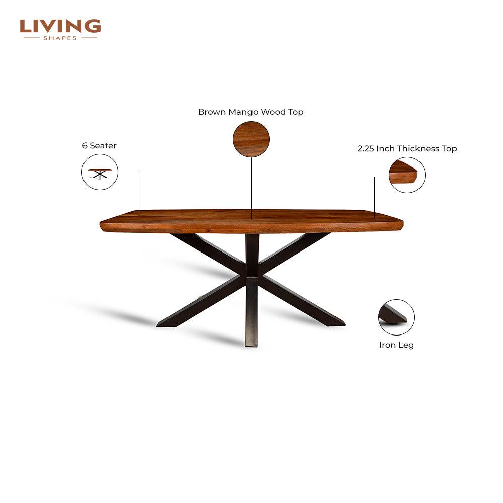 Crispio Wooden 6 Seater Dining Table with Iron - Brown