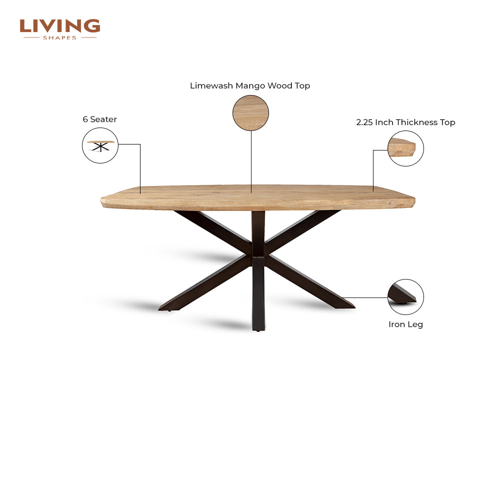 Crispio Wooden 6 Seater Dining Table with Iron - Limewash