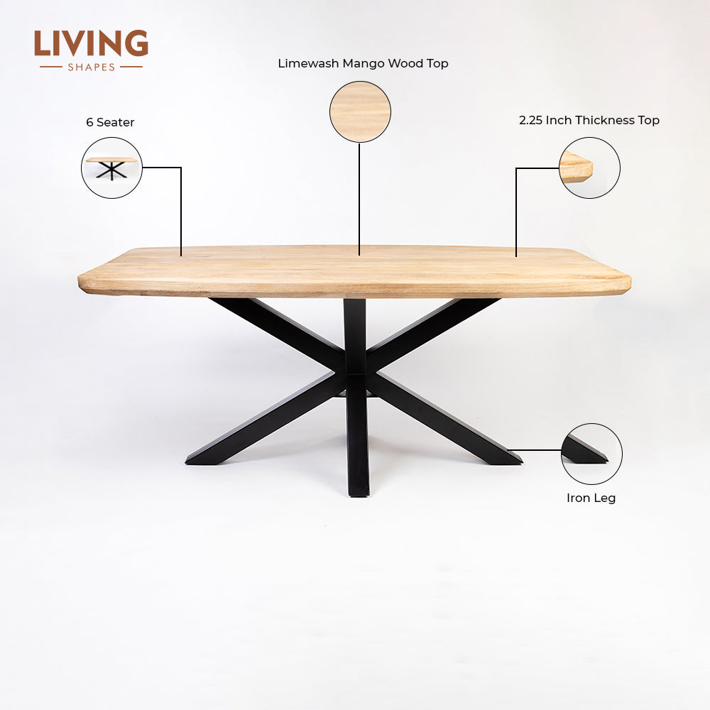 Crispio Wooden 6 Seater Dining Table with Iron - Limewash