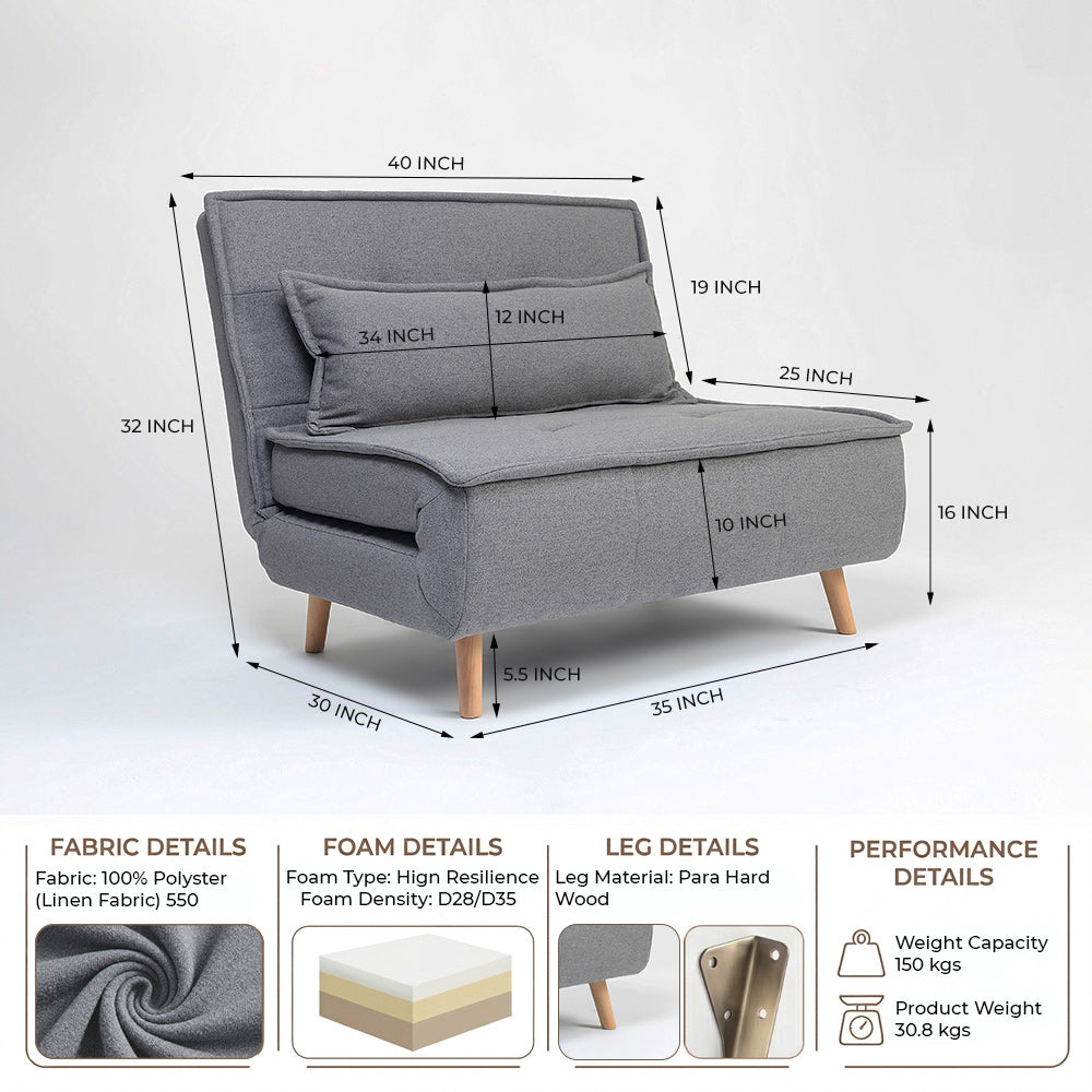 Tailor Linen Foldable Sofa Cum Bed With Wooden Legs