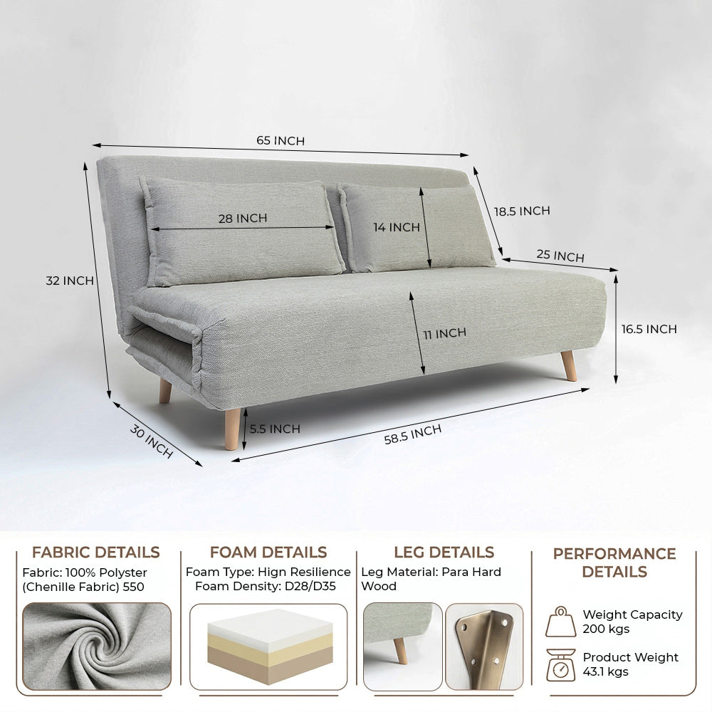 Bunny 3-Seater Foldable Sofa Cum Bed With Wooden Legs