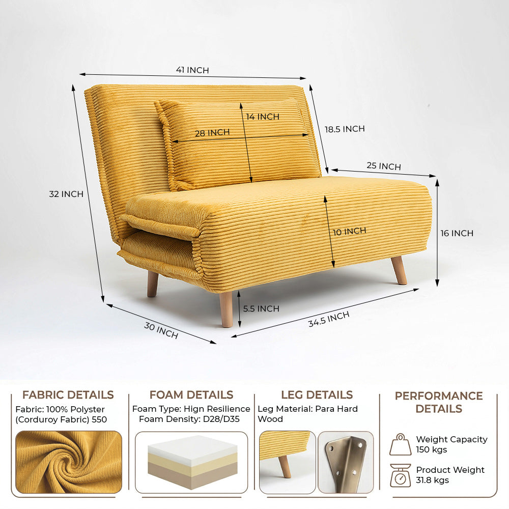 Demarco Corduroy Foldable Sofa Cum Bed With Wooden Legs