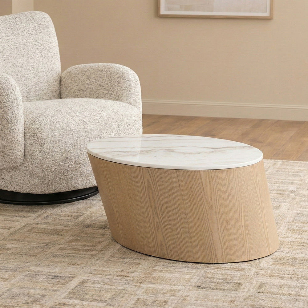 Vivant White Marble Top Wooden Round Coffee Table - Large