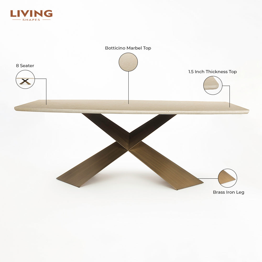 Immune Marble 8 Seater Dining Table with Iron - Brass - Botticino