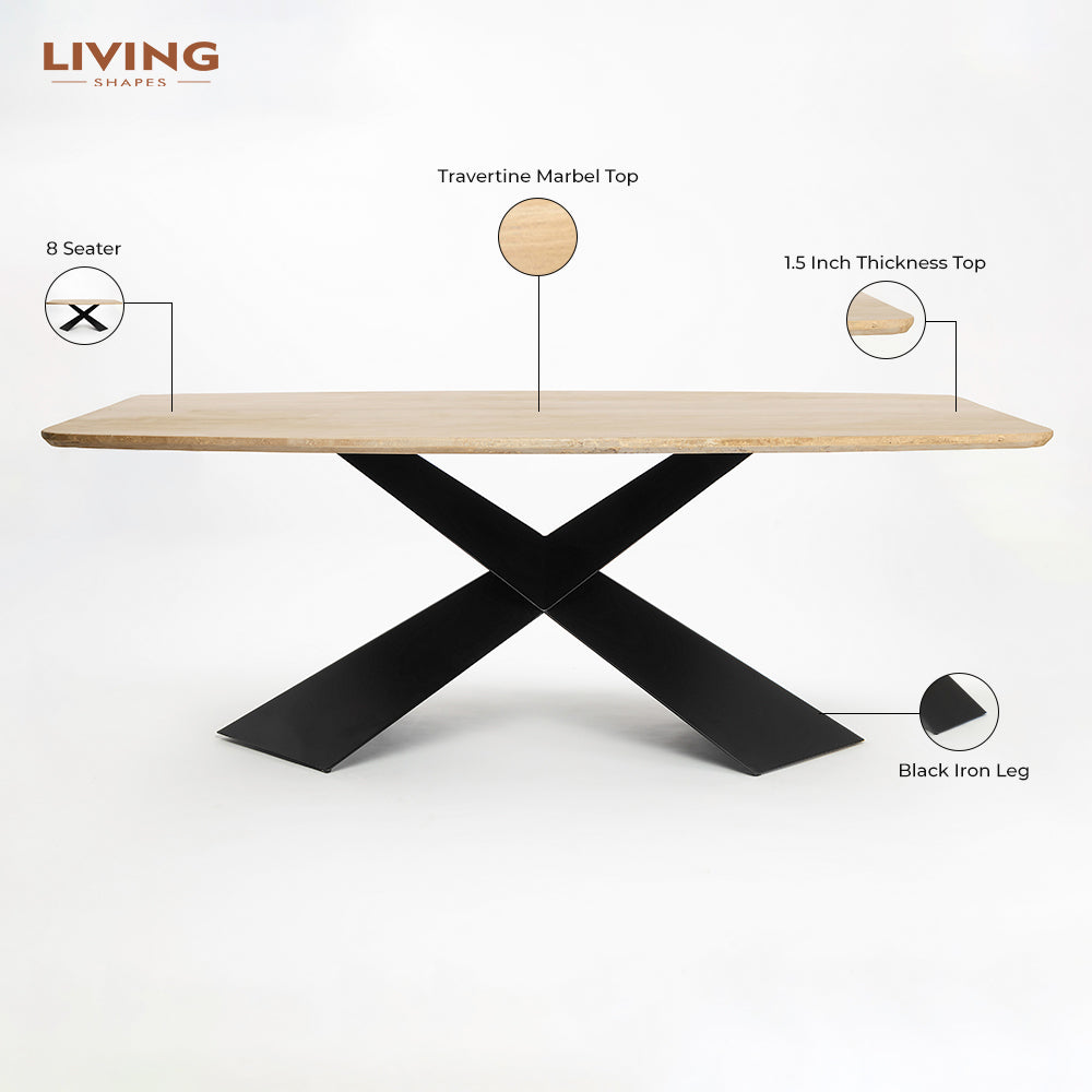 Immune Marble 8 Seater Dining Table with Iron - Black - Travertine
