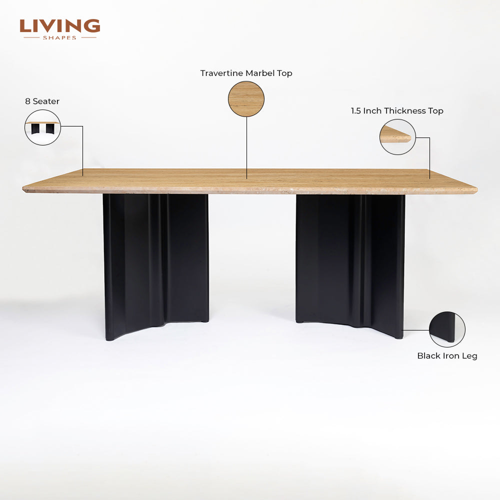 Omar Marble 8 Seater Dining Table with Iron - Black - Travertine