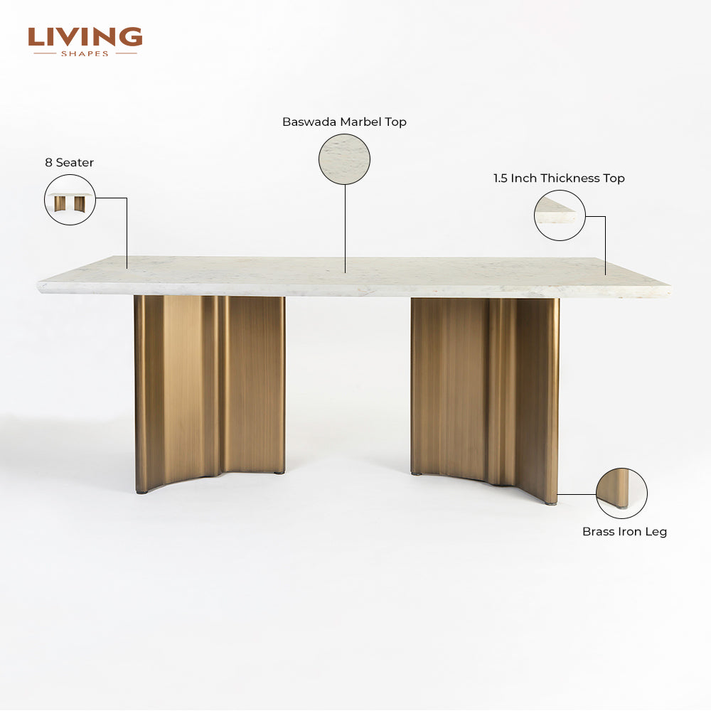 Omar Marble 8 Seater Dining Table with Iron - Brass - Baswada