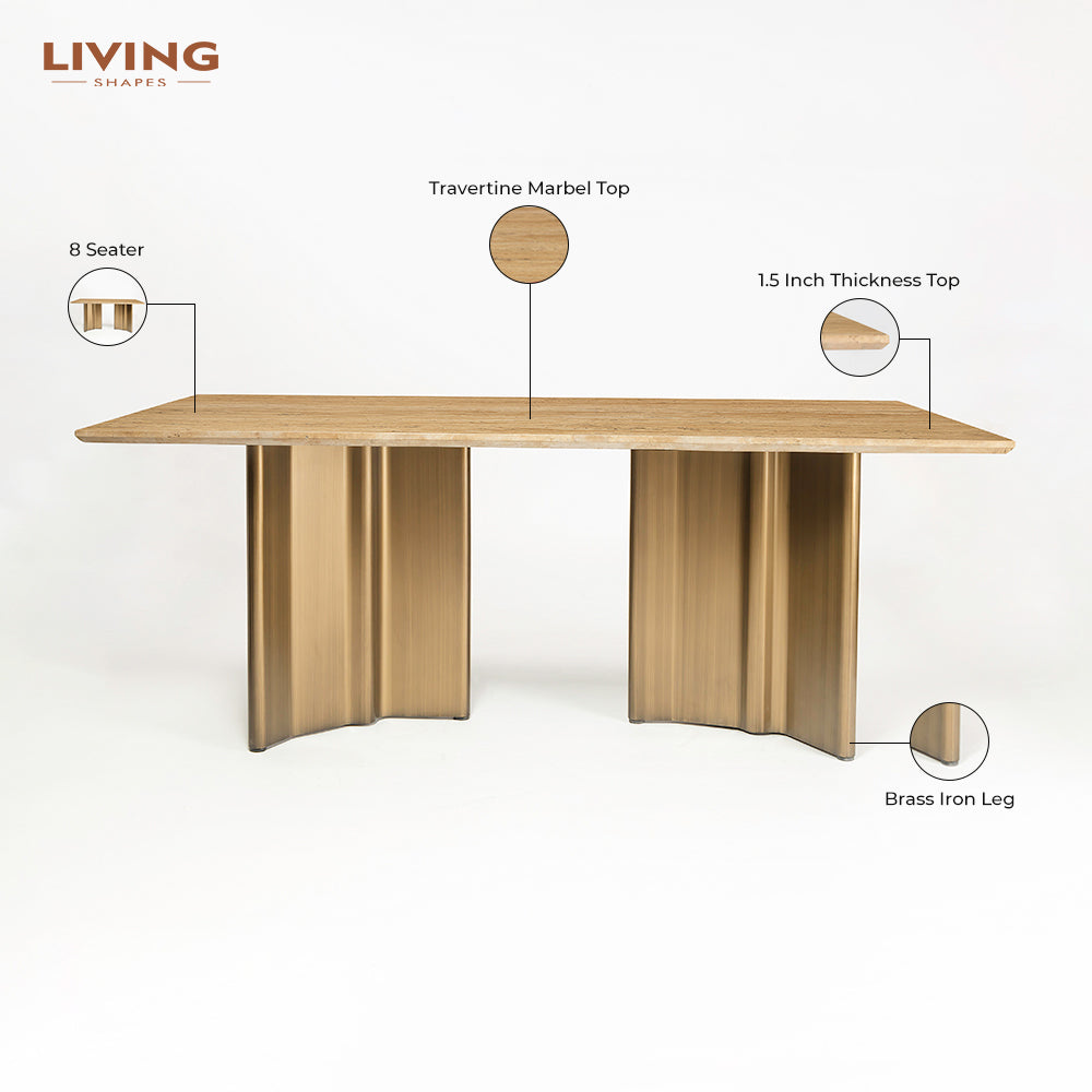 Omar Marble 8 Seater Dining Table with Iron - Brass - Travertine