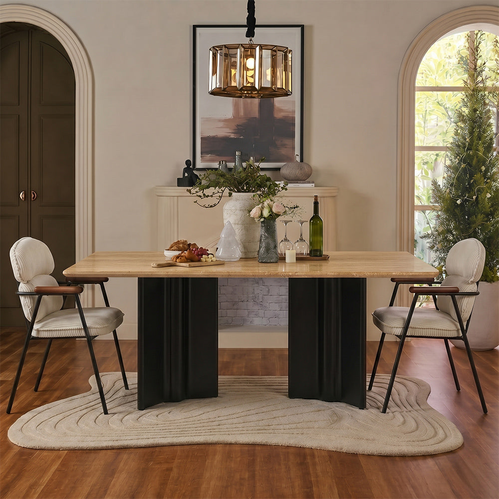 Omar Marble 8 Seater Dining Table with Iron - Black - Travertine