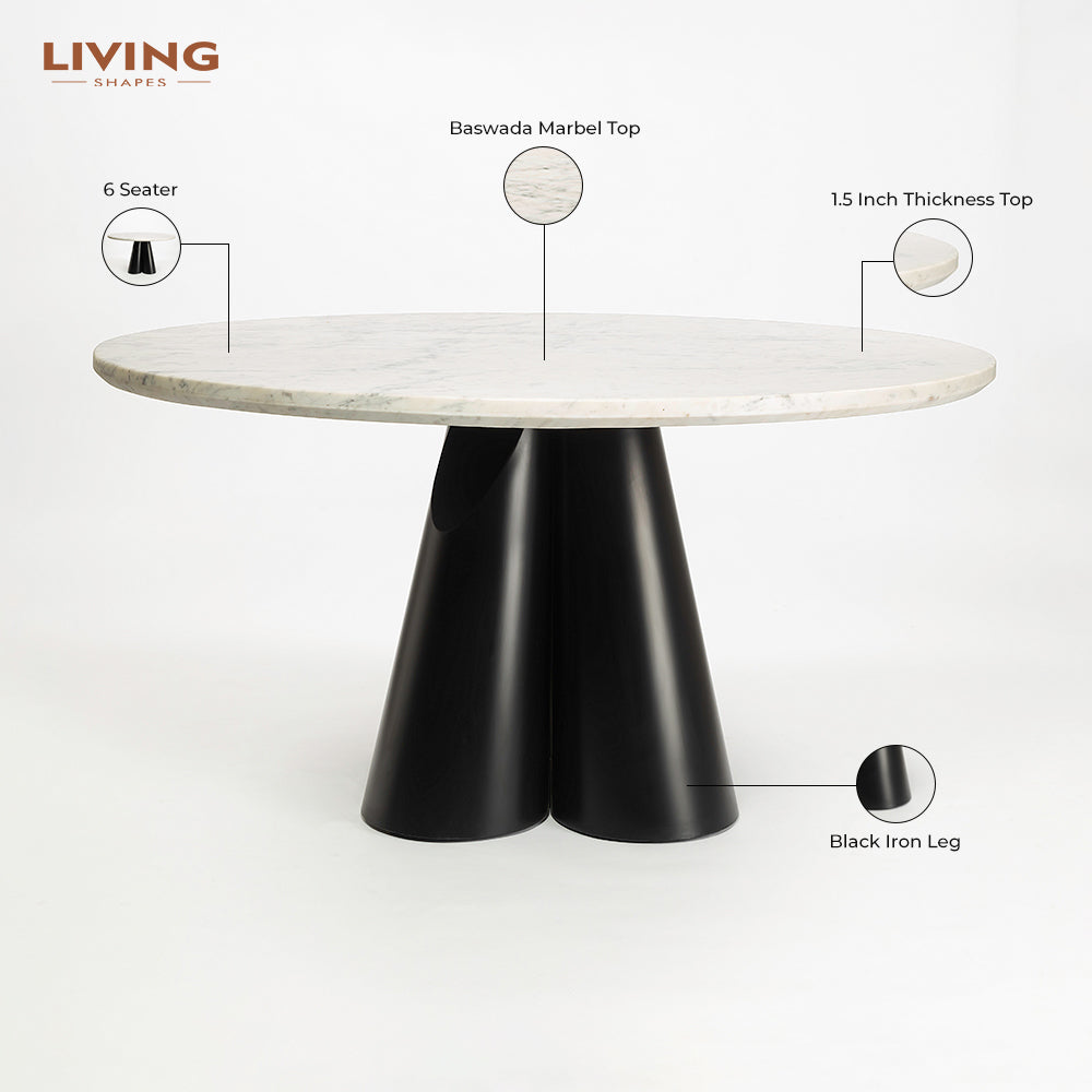 Duster Marble 6 Seater Dining Table with Iron - Black