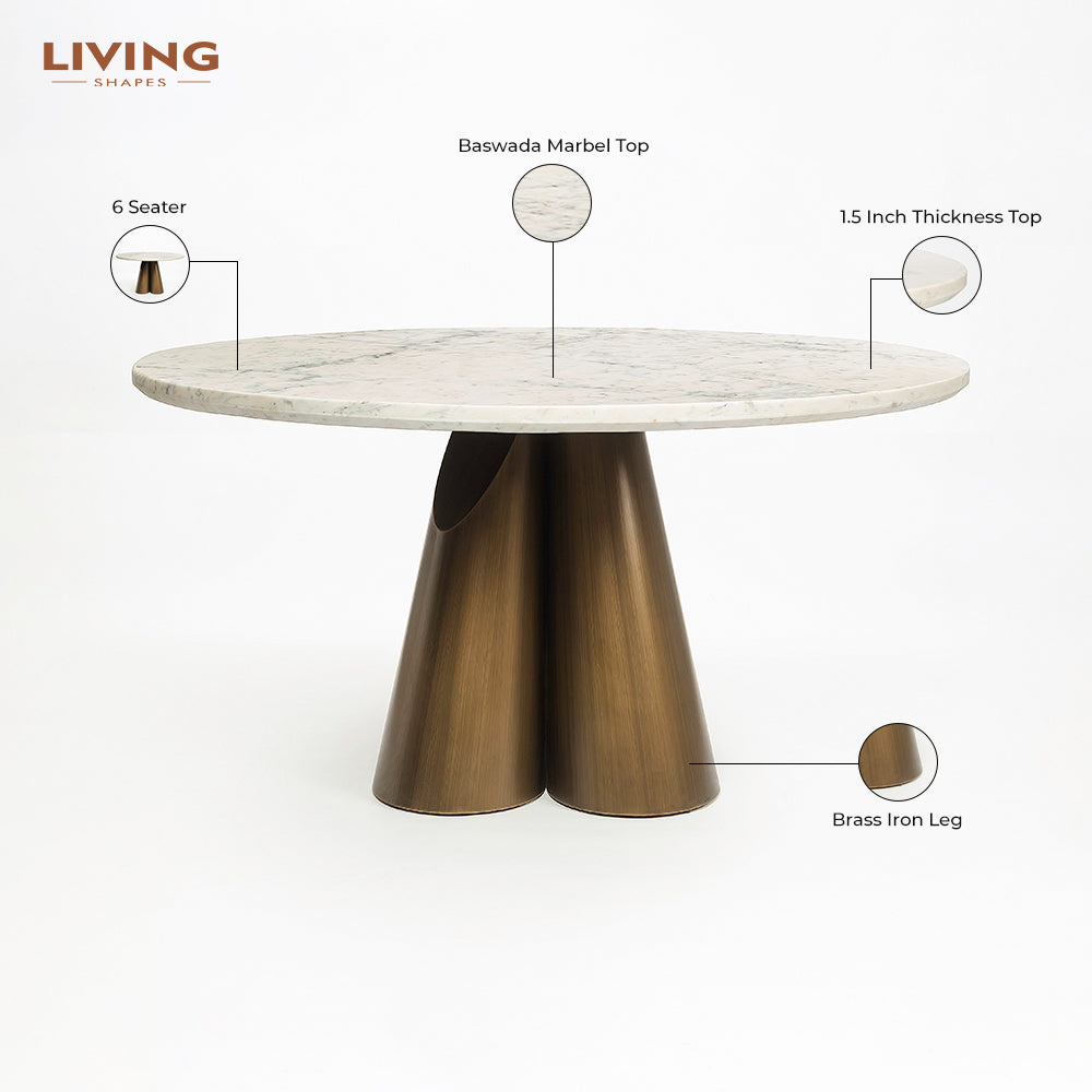 Duster Marble 6 Seater Dining Table with Iron - Brass