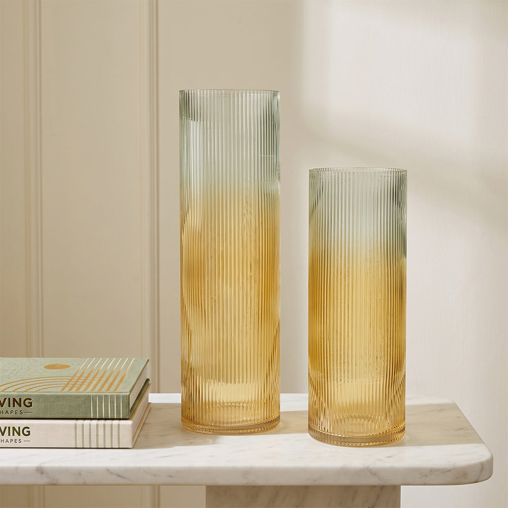 Quintara Bloom Amber Ombre Ribbed Glass Table Vase - Set of 2