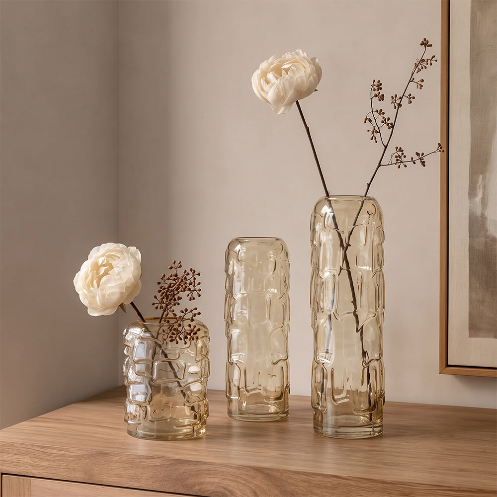 Eterna Yuhan Amber Textured Glass Table Vase - Set of 3