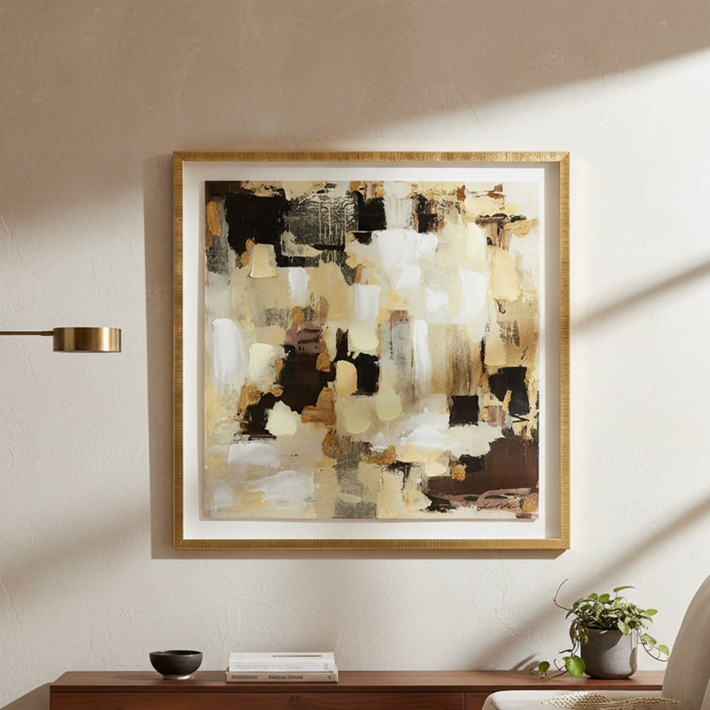 Abstract wall art in living room.