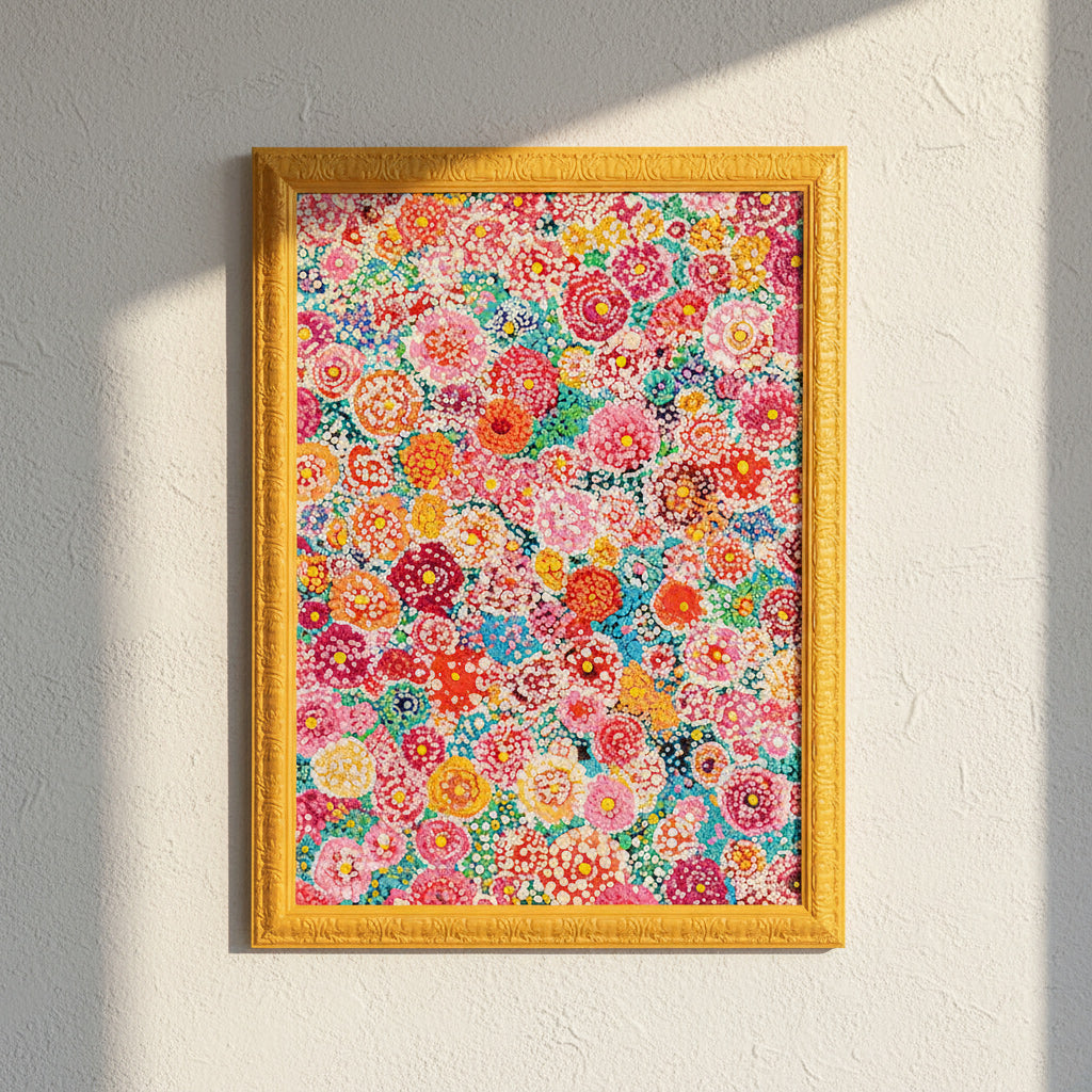 Floral wall art in bedroom.