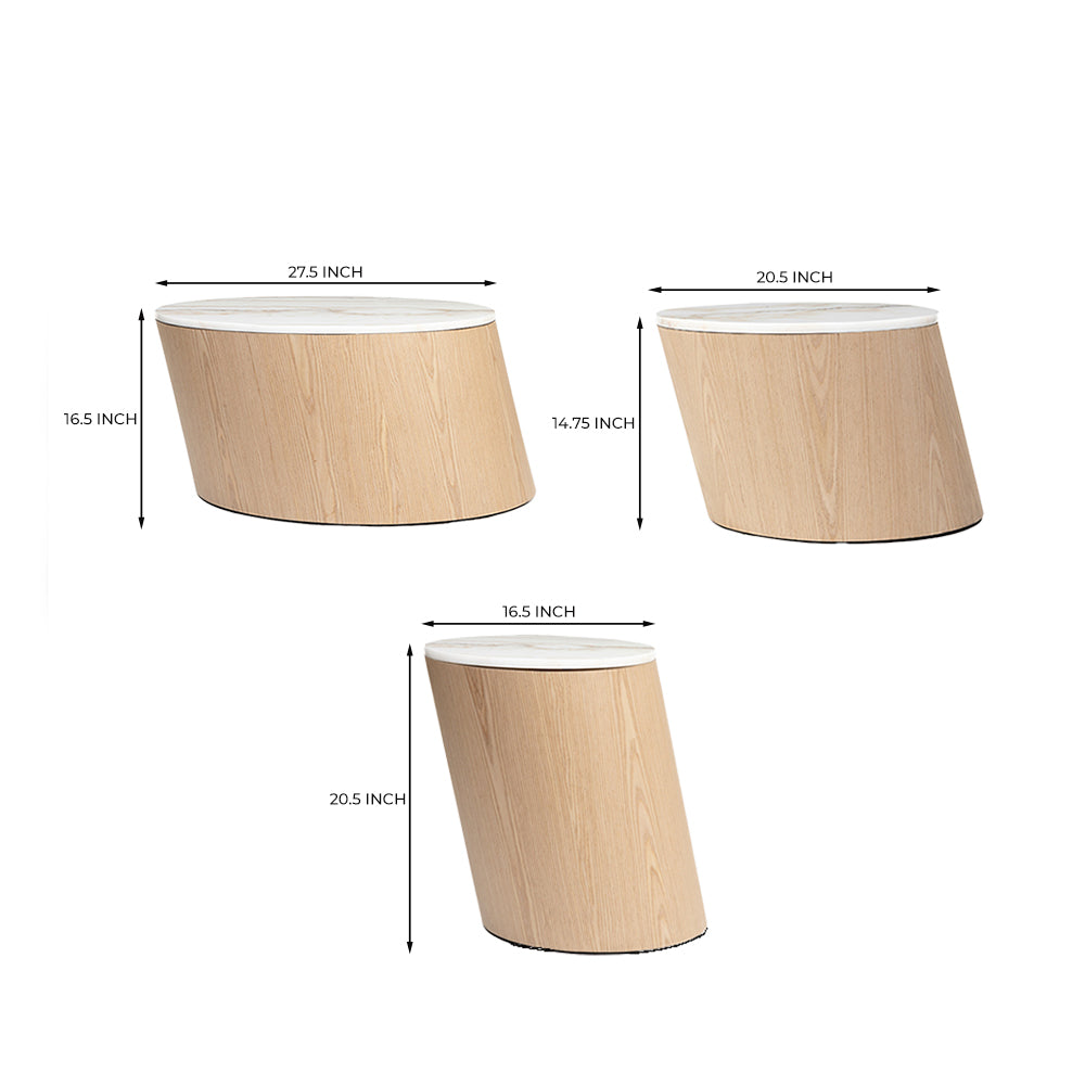 Vivant White Marble Top Wooden Round Coffee Table Set of 3