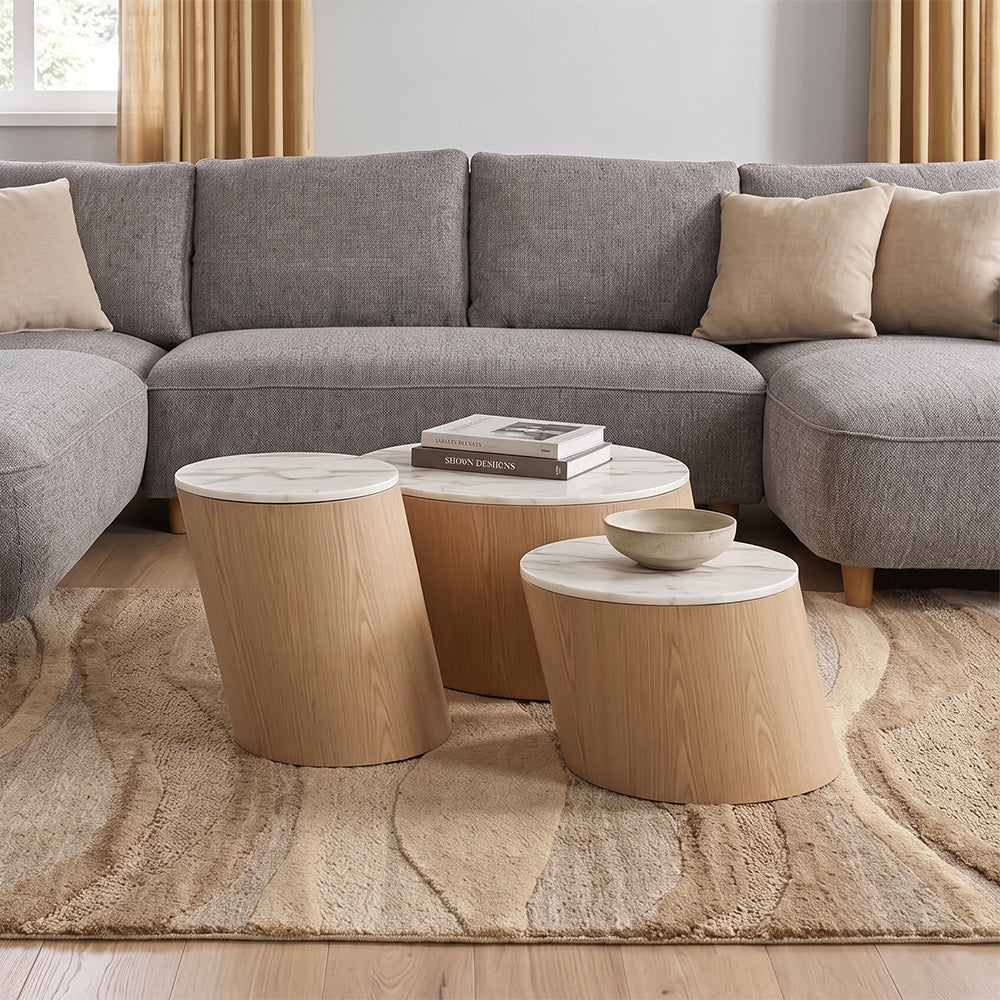 Vivant White Marble Top Wooden Round Coffee Table Set of 3