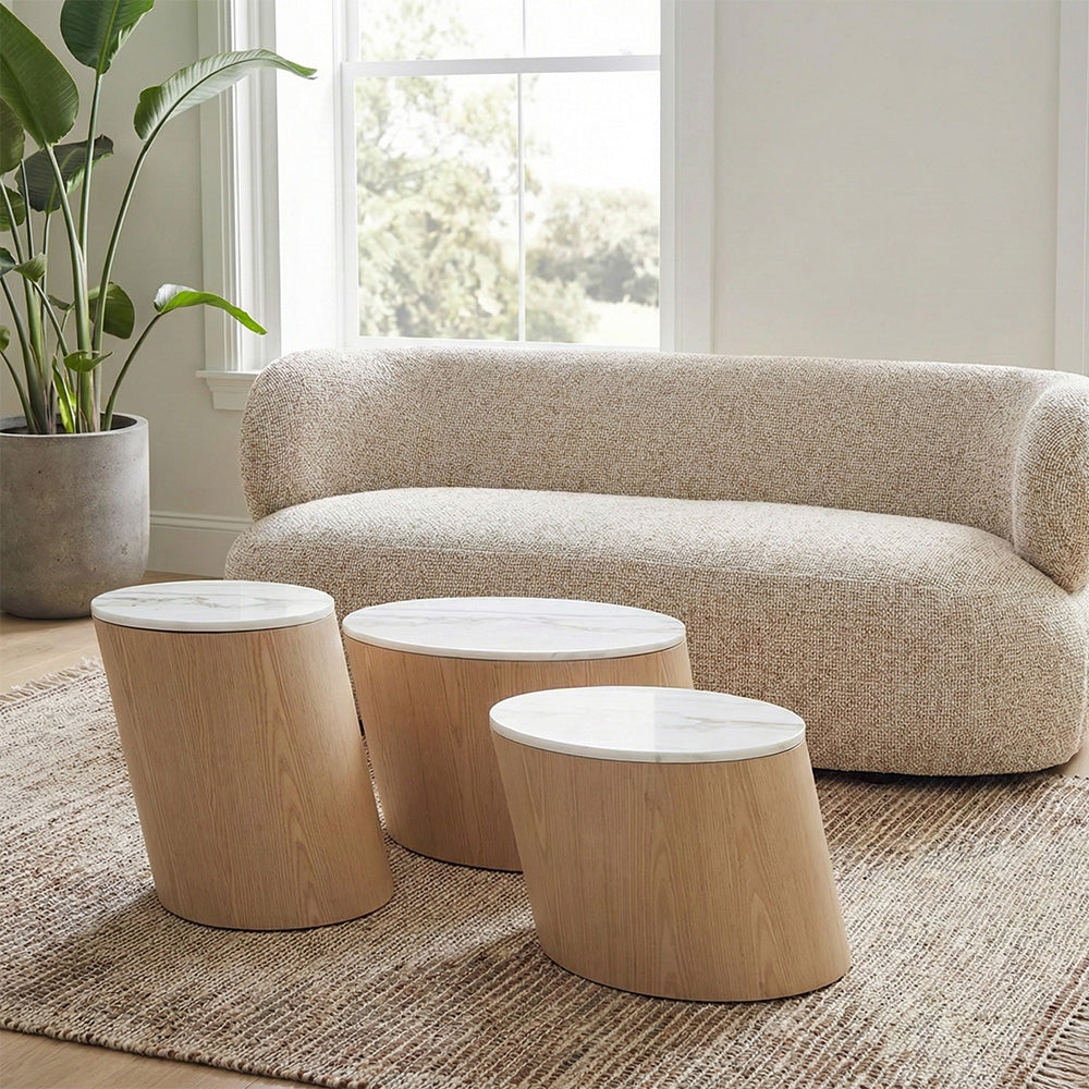 Vivant White Marble Top Wooden Round Coffee Table Set of 3