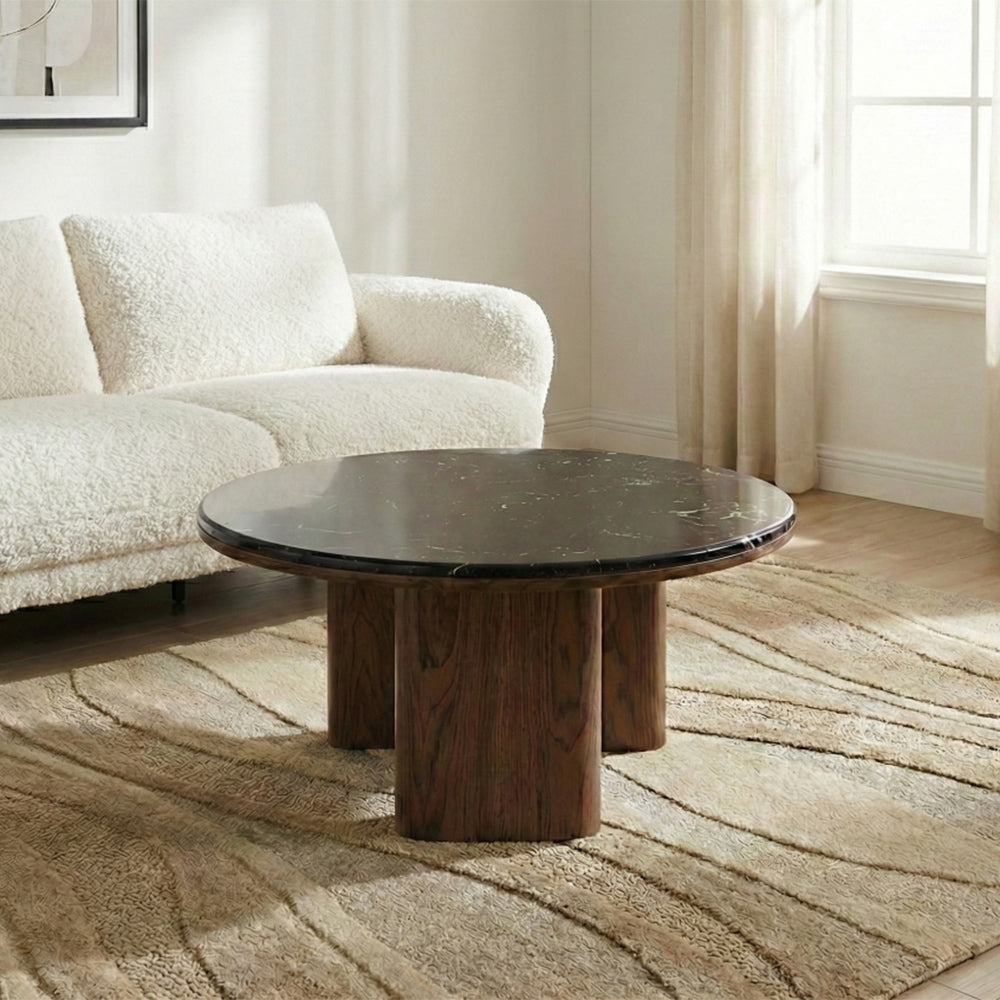 Elaris Black Marble Top Wooden Round Coffee Table - Large
