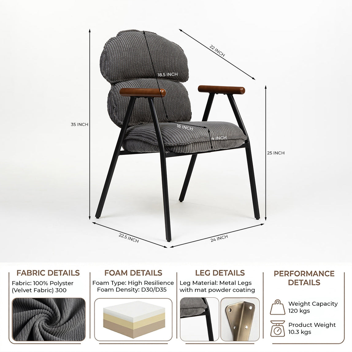 Antho Velvet Dining Chair with Wooden Armrest - Graphite