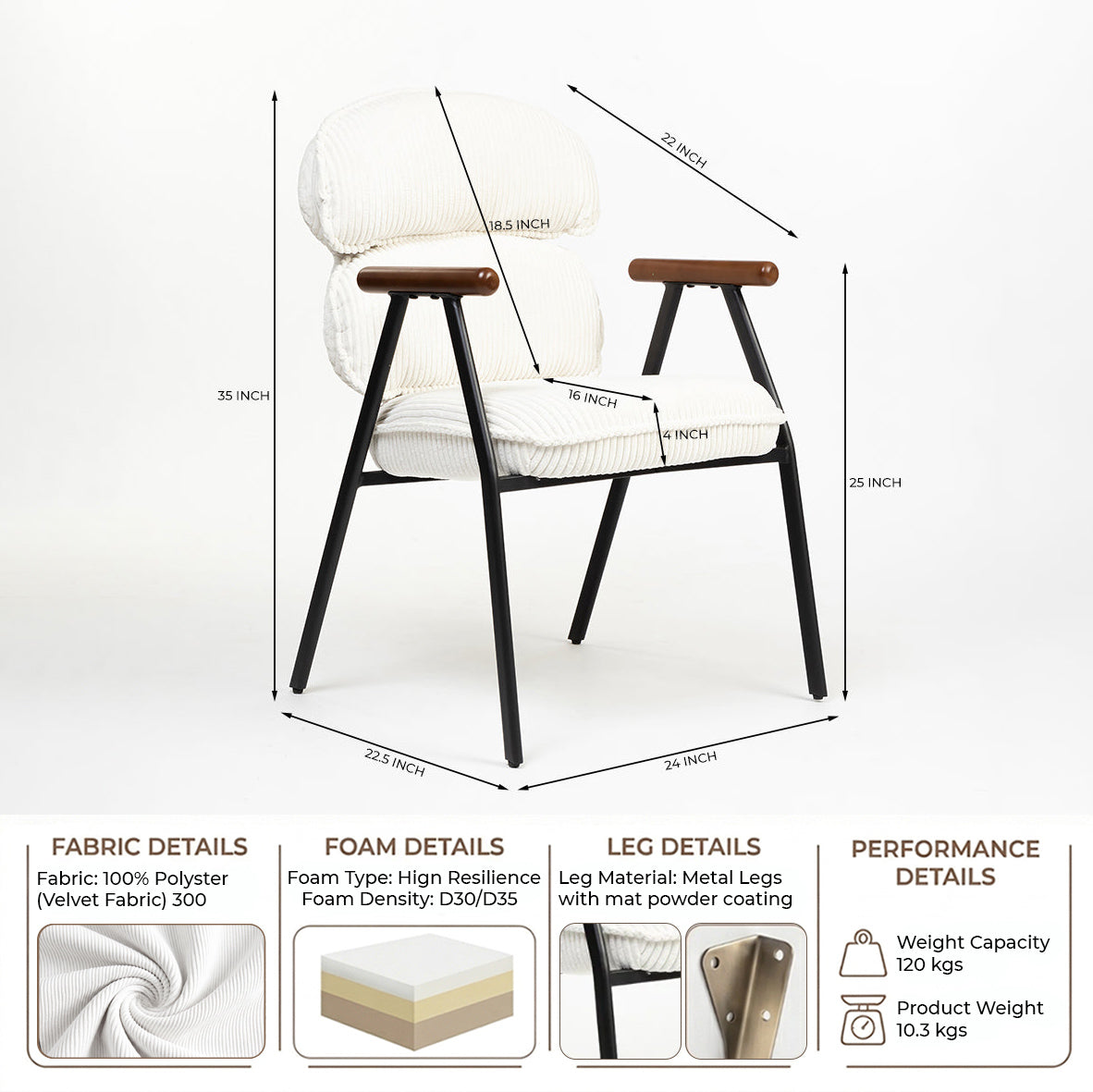 Antho Velvet Dining Chair with Wooden Armrest - Ivory