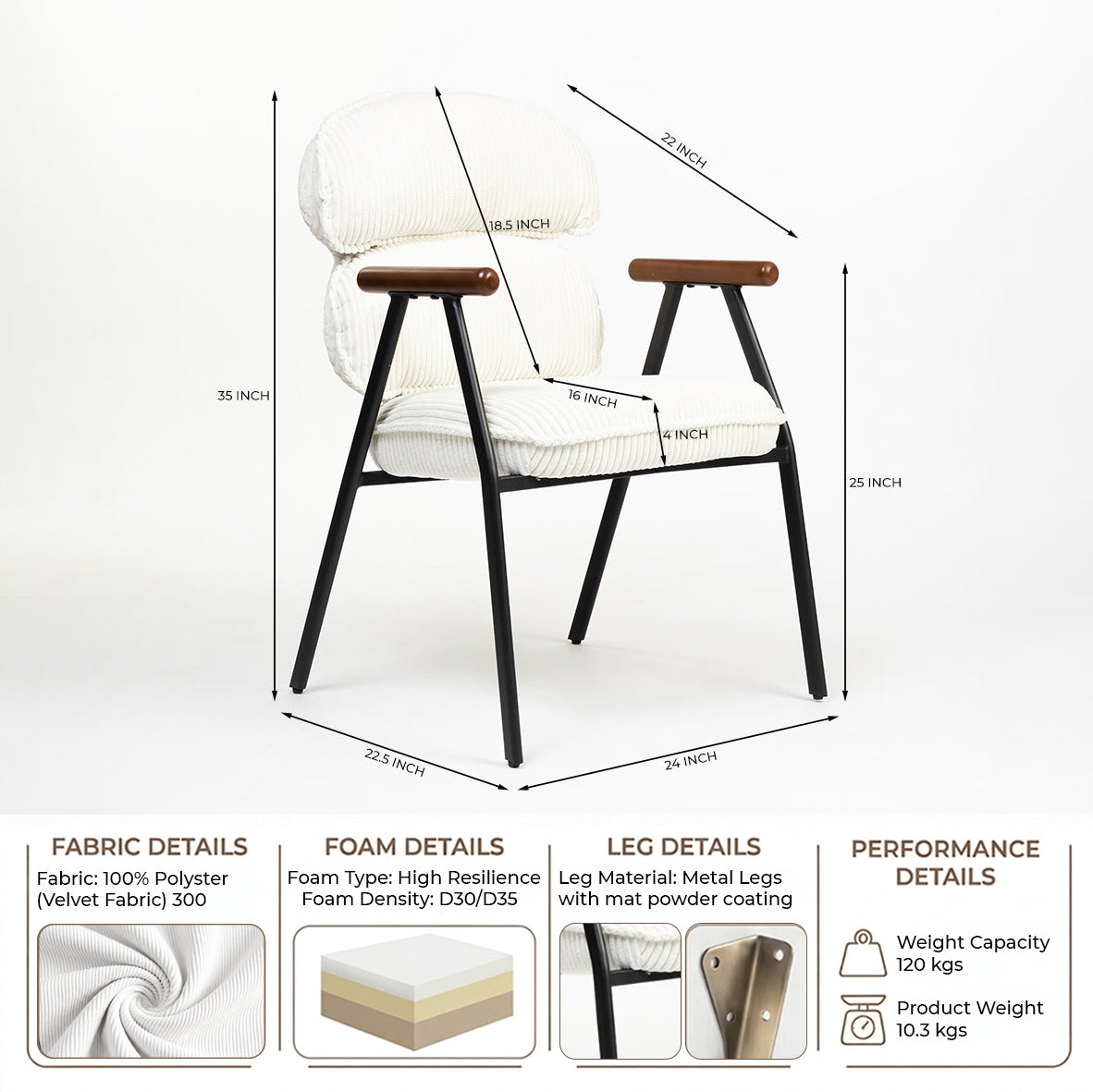 Antho Velvet Dining Chair with Wooden Armrest - Ivory