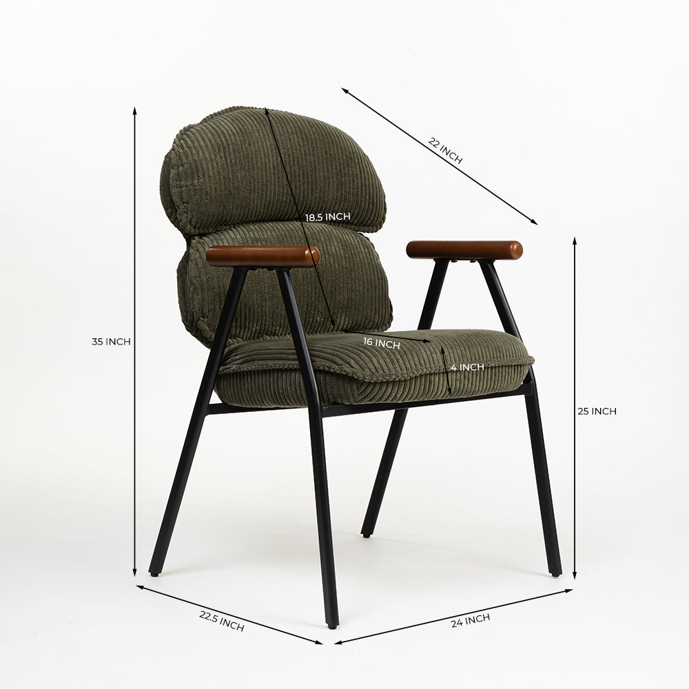 Antho Velvet Dining Chair with Wooden Armrest - Olive Green