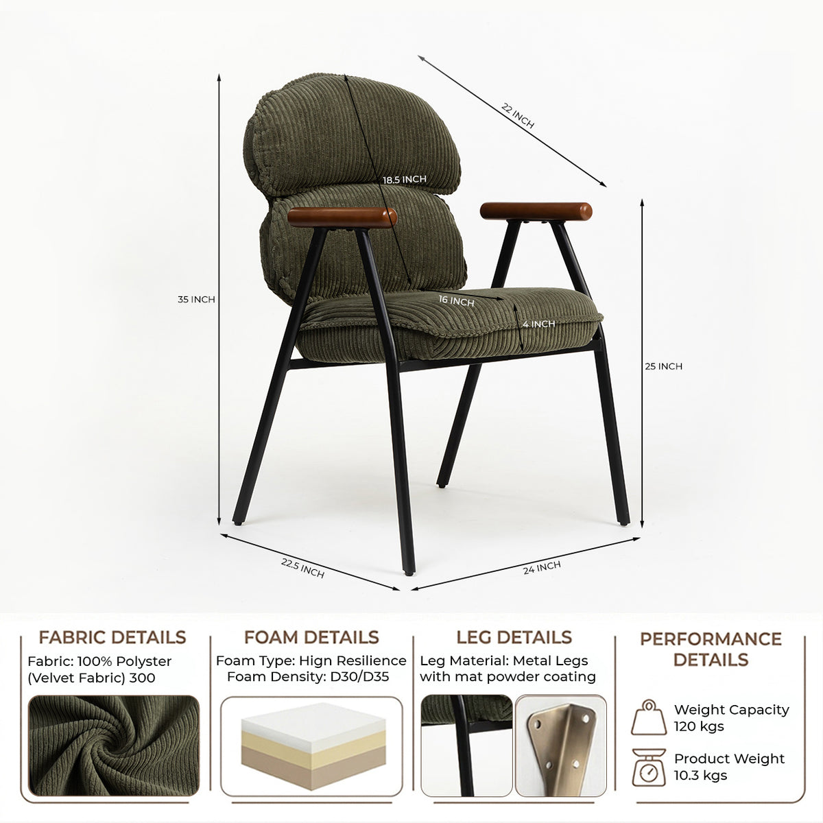 Antho Velvet Dining Chair with Wooden Armrest - Olive Green