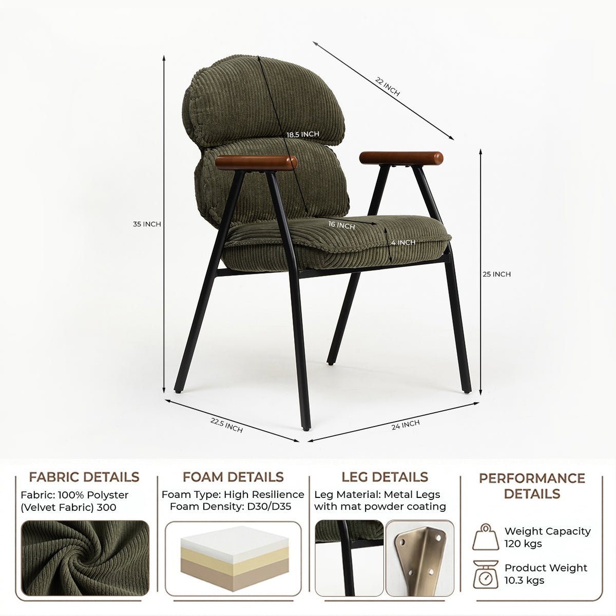 Antho Velvet Dining Chair with Wooden Armrest - Olive Green