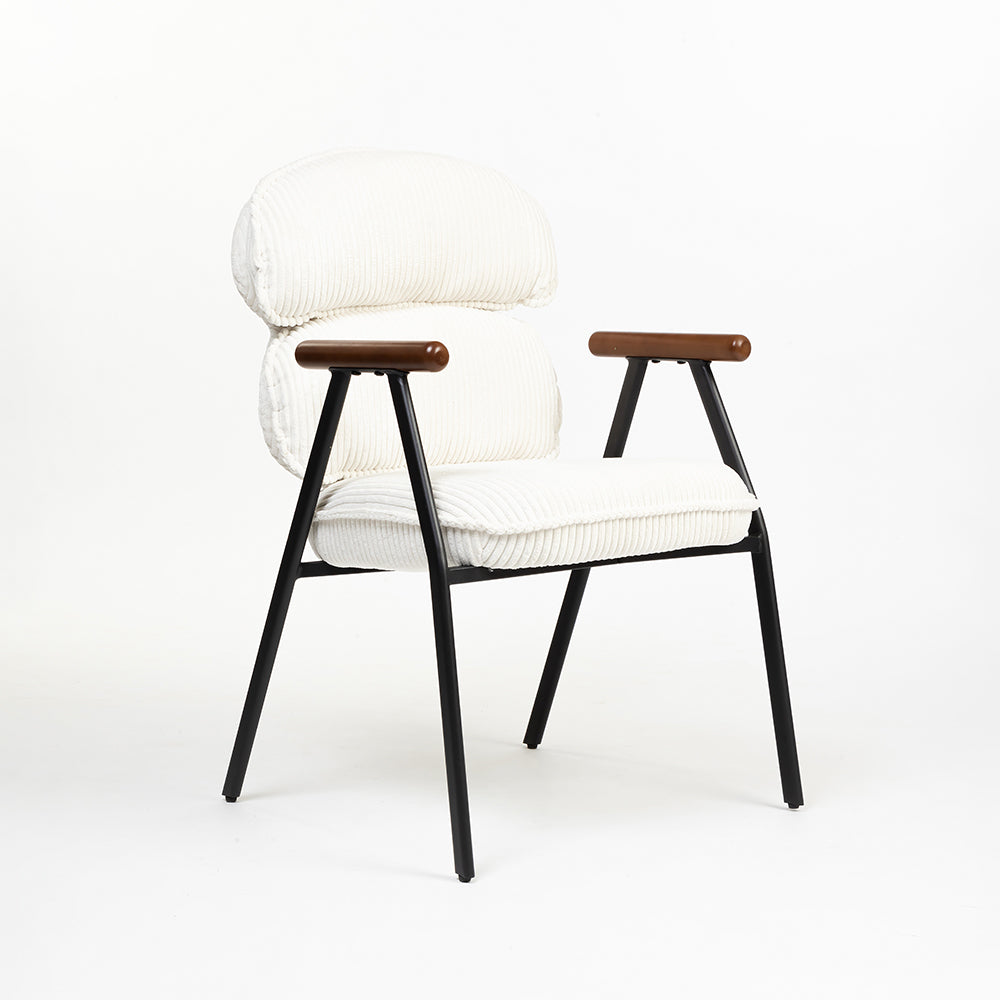 Antho Velvet Dining Chair with Wooden Armrest - Ivory